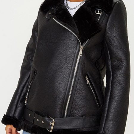 Francesca Farago Black Leather Jacket - Aviator Shearling Jacket