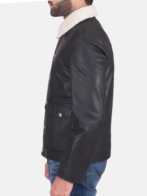 Men's Black Leather Fur Collar Jacket