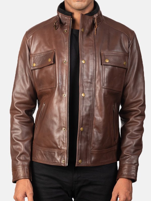 Men's Golden Button Brown Leather Jacket - Brown Leather Jacket