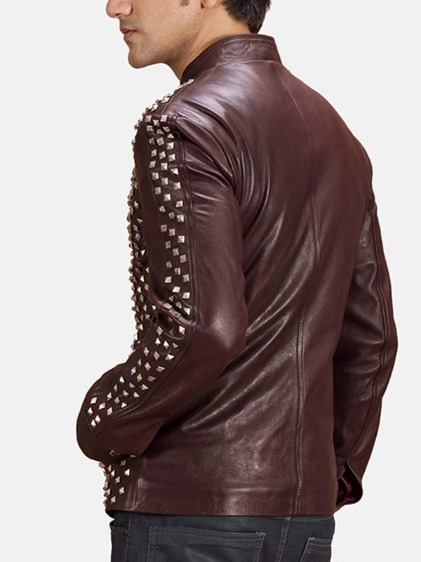 Men's Snap Tab Brown Studded Leather Jacket