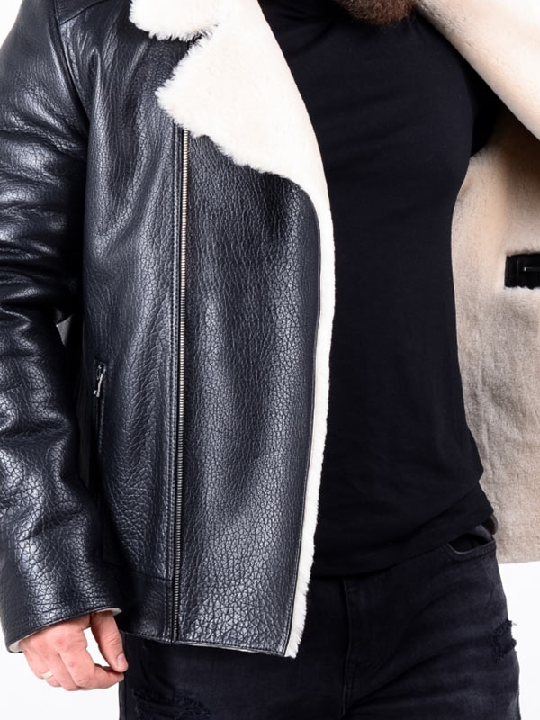 White Faux Fur Black Leather Jacket, Faux Fur Leather Coat Mens