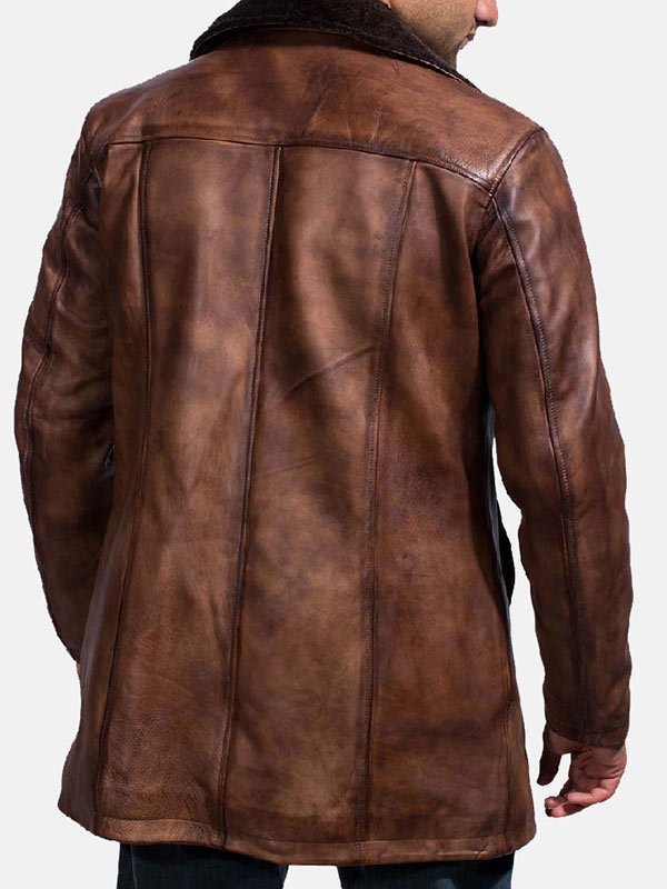 Shearling Brown Distressed Leather Coat For Men's