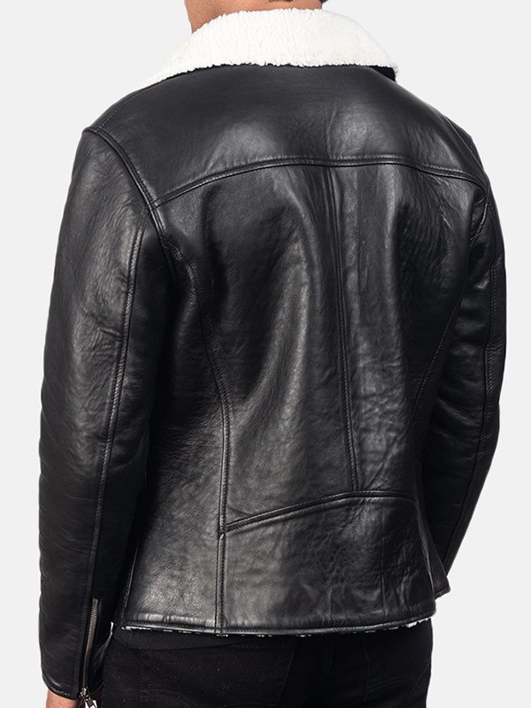 White Shearling Leather Black Jacket For Men's