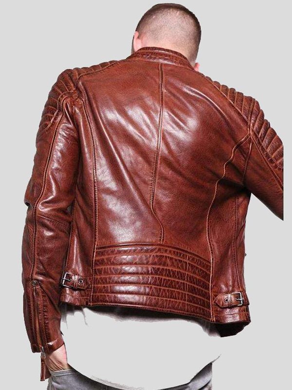 Brown Moto Racer Leather Biker Jacket For Mens