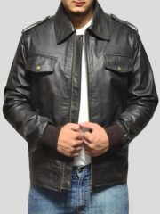 Mens Casual Black Leather Bomber Jacket