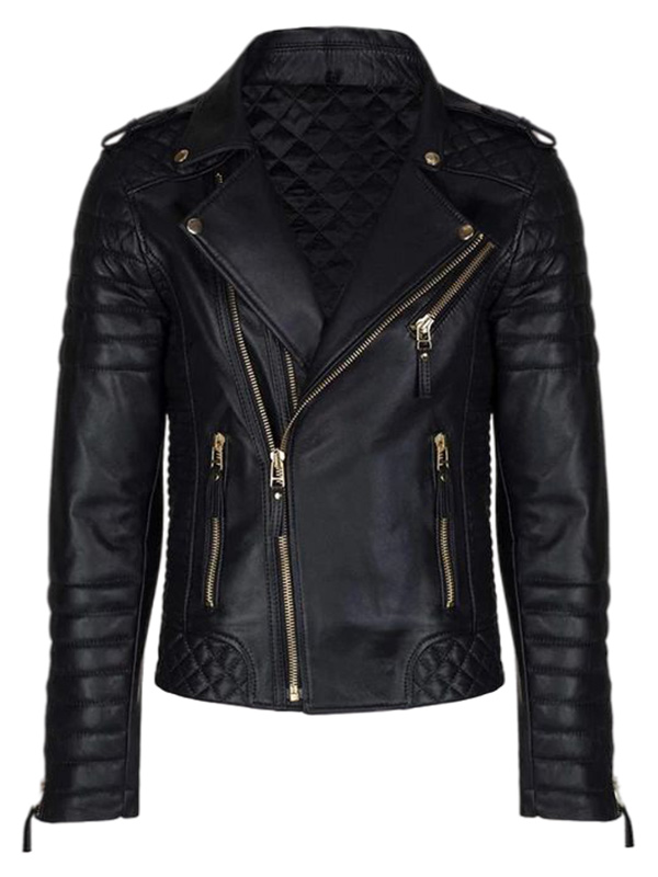 Men's Black Leather Biker Jacket With Gold Zippers