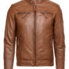 Mens Slim Fit Brown Leather Biker Jacket Front