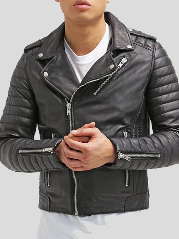 Men's Black Leather Quilted Biker Jacket