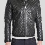 Mens Snap Tab Collar Quilted Leather Jacket