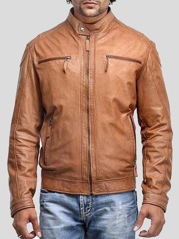 Mens Zipper Pockets Leather Motorcycle Jacket