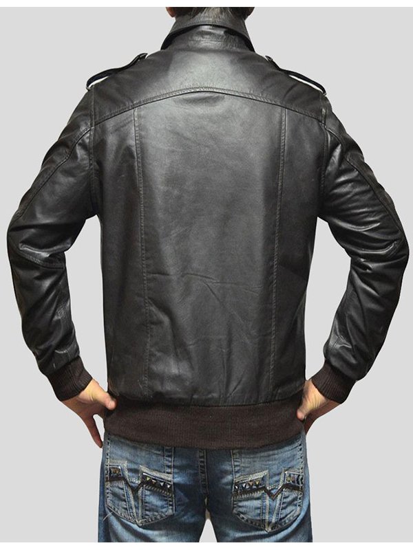 Shirt Collar Black Bomber Leather Jacket For Mens