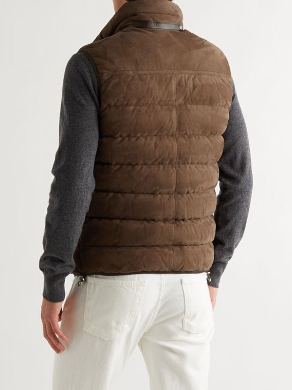 Mens Puffer Brown Suede Leather Vest