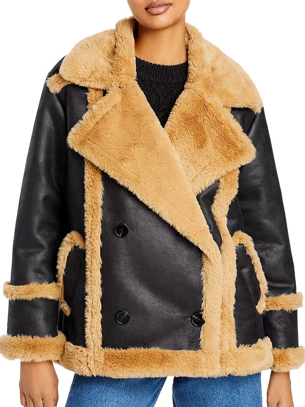 Katherine Black Leather Brown Shearling Double Breasted Jacket