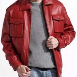 Men's Red Shirt Style Leather Bomber Jacket