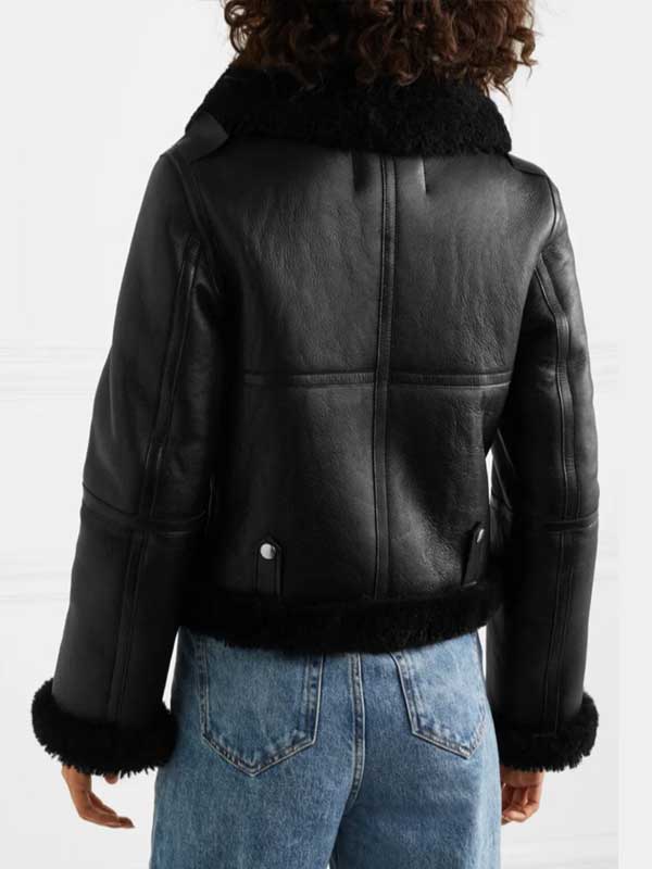 Women's Aviator Cropped Shearling Black Leather Jacket