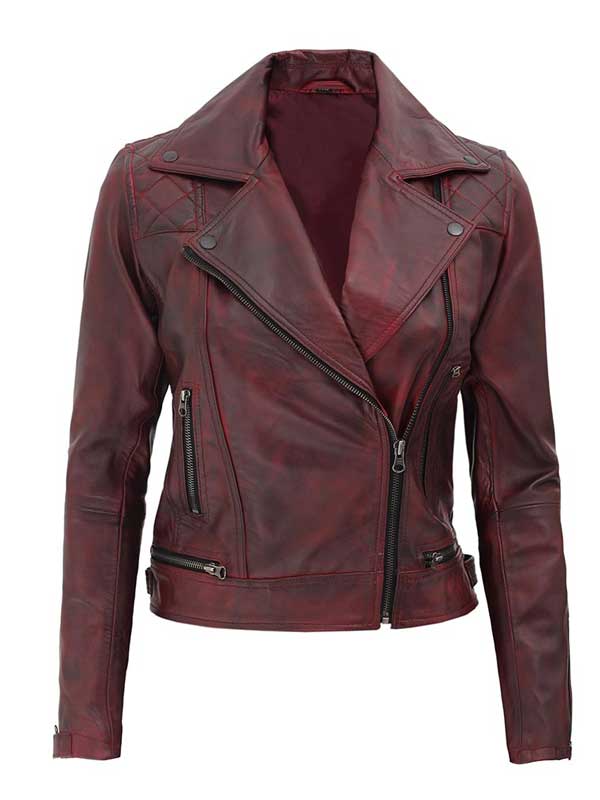 Women's Red Distressed Leather Biker Jacket