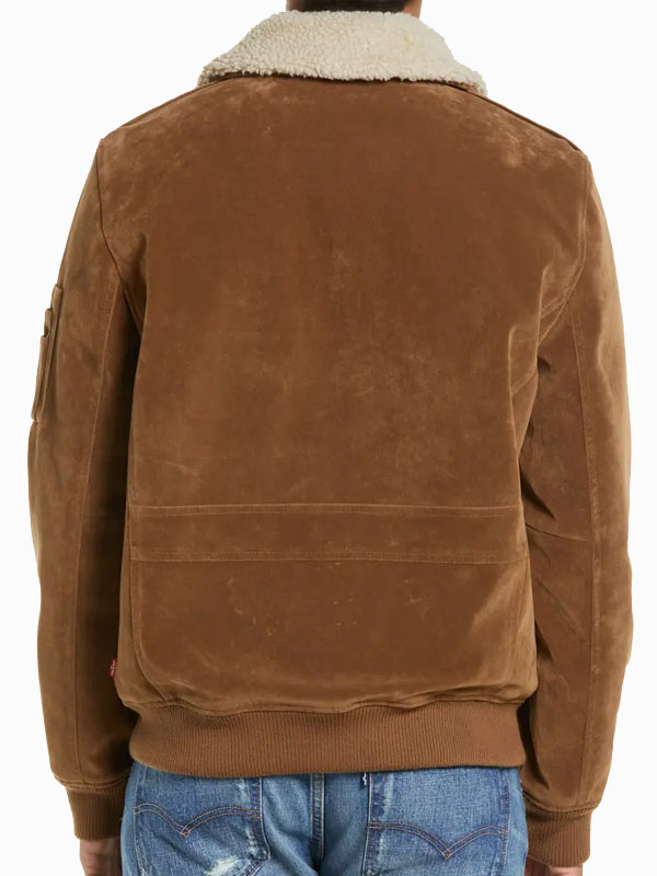 Men's Bomber Suede Leather Jacket with Removable Faux Shearling Collar