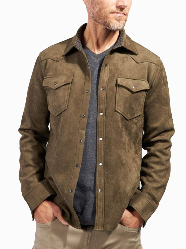 Men's Olive Suede Leather Shirt Jacket