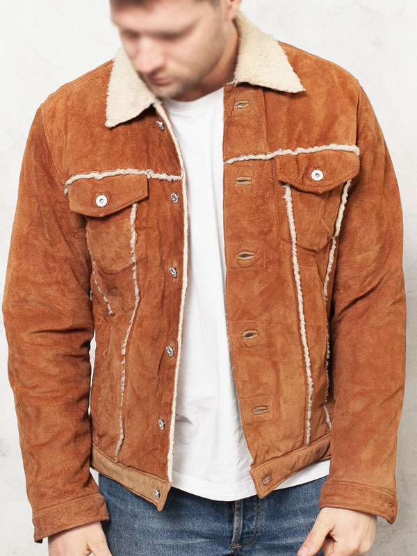 Men's Vintage Leather Brown Suede Sherpa Lined Jacket