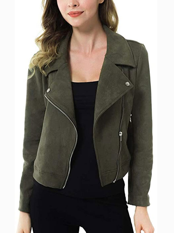 Women's Army Green Motorcycle Faux Suede Jacket