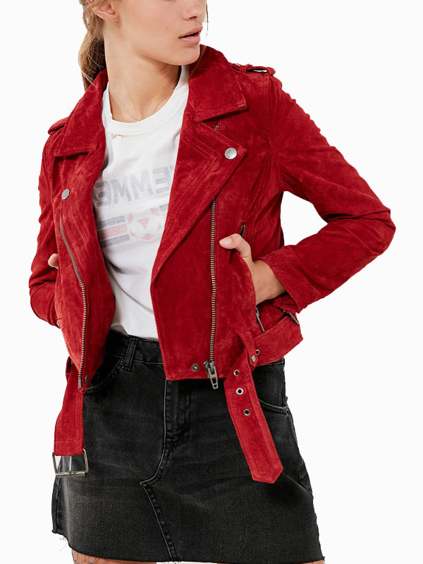 Women's Motorcycle Red Suede Leather Jacket