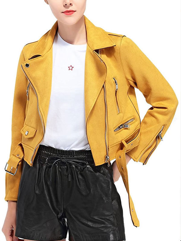 Women's Motorcycle Yellow Suede Leather Jacket
