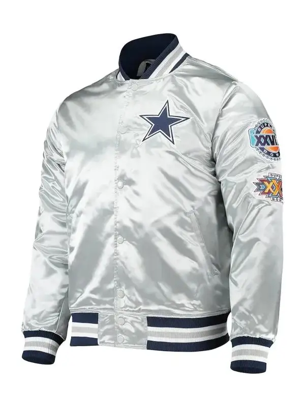 Dallas Cowboys Full-Snap Silver Satin Varsity Jacket