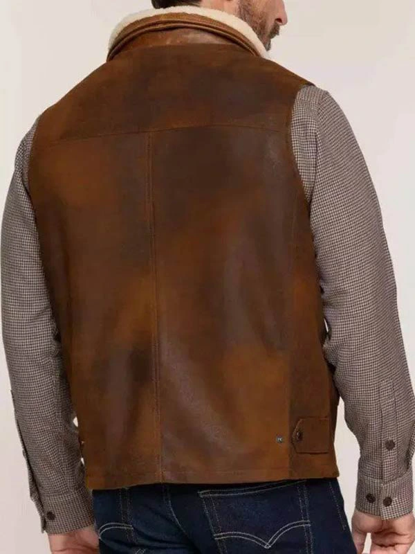 Men Brown Leather Vest With Shearling Collar 