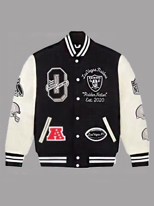 OVO X NFL Las Vegas Raiders Leather Wool Varsity Jacket Black