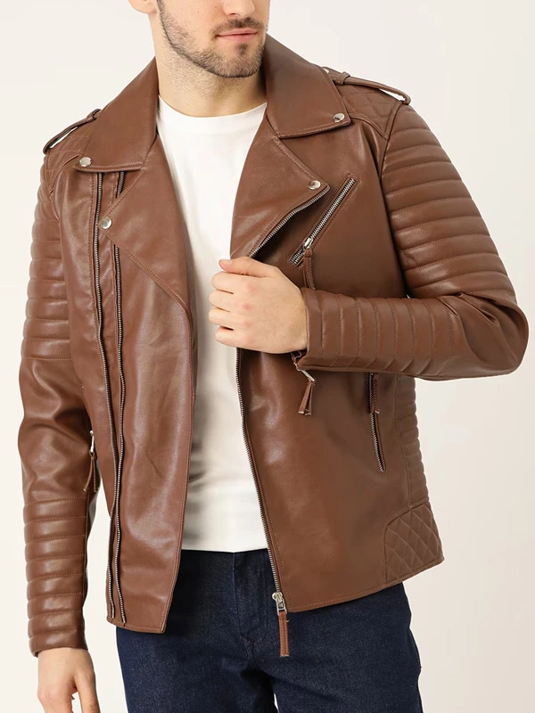Mens Brown Asymmetric Leather Jacket