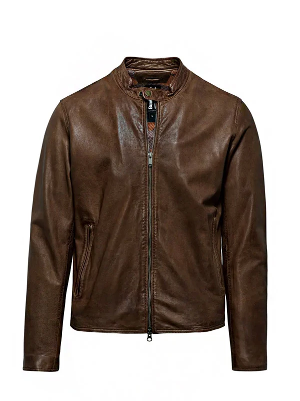 Mens Brown Leather Snap Tab Collar Jacket