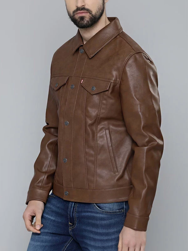 Mens Shirt Collar Brown Leather Jacket