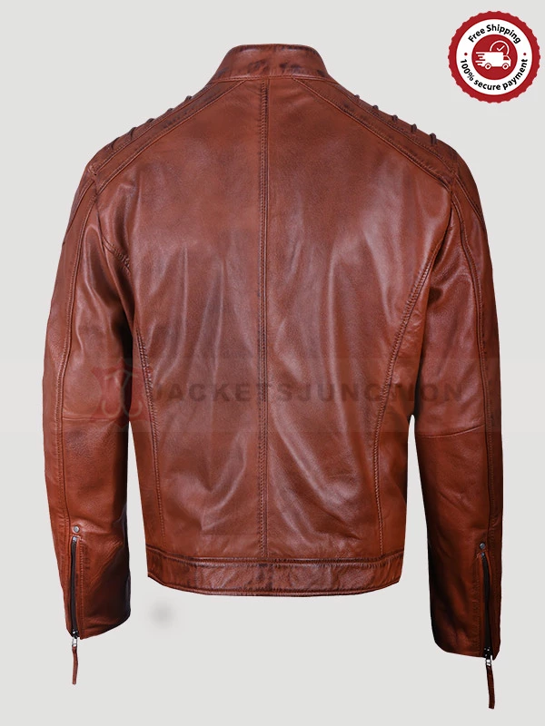 Padded Brown Real Leather Biker Jacket for Mens