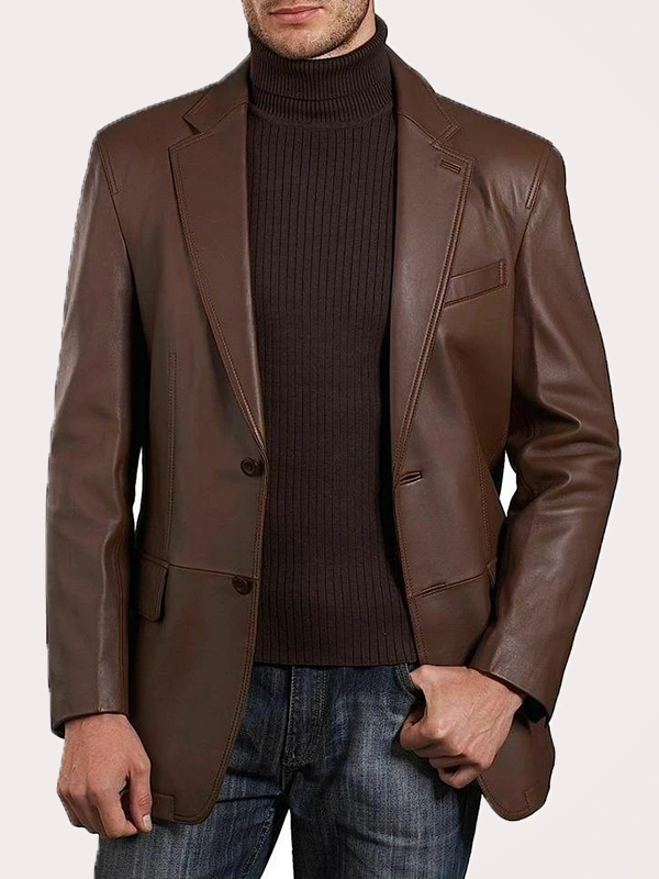 Casual Brown Leather Blazer Mens