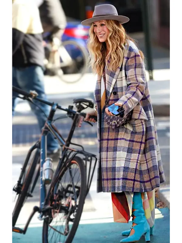 and just like that plaid coat