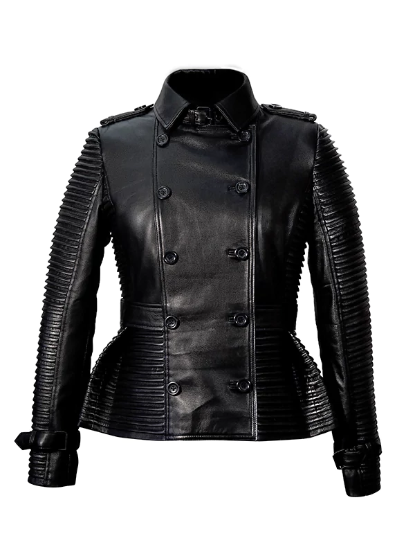 Women's Handmade Fashion Black Double Breasted Leather Jacket