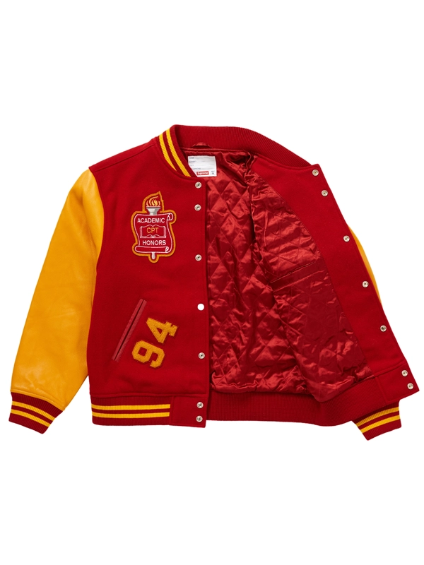 Red and Yellow Supreme Team Varsity Jacket - Jackets Junction