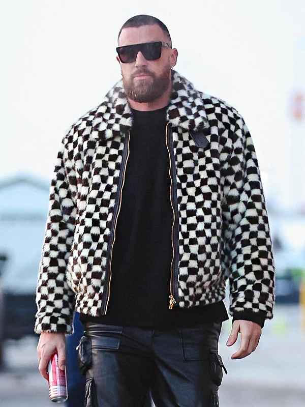Travis Kelce Checkered Print Faux Fur Jacket