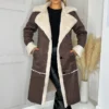 Women’s Brown Shearling Hooded Overcoat