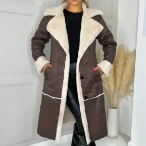 Women’s Brown Shearling Hooded Overcoat