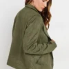 Women's Army Green Motorcycle Faux Suede Jacket - Image 2