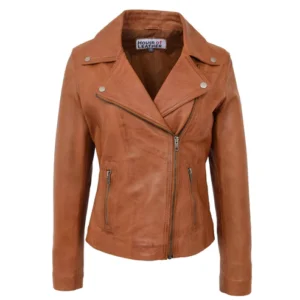 Womens Fashion Designer Leather Jacket Cross Zip Camel