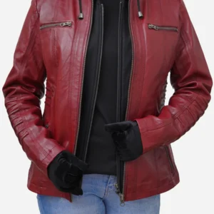 Women Red Hooded Leather Jacket