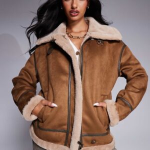 Women’s Tan Shearling Trim Suede Leather Jacket