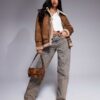 Women's Tan Shearling Trim Suede Leather Jacket - Image 2