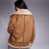 Women's Tan Shearling Trim Suede Leather Jacket - Image 4