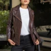 Women's Double Stitched Brown Leather Jacket - Image 5
