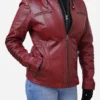 Women Red Hooded Leather Jacket - Image 2