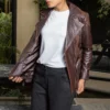 Women's Double Stitched Brown Leather Jacket - Image 4