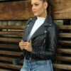 Womens Black Cropped Leather Jacket - Image 3
